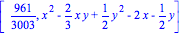 [961/3003, x^2-2/3*x*y+1/2*y^2-2*x-1/2*y]